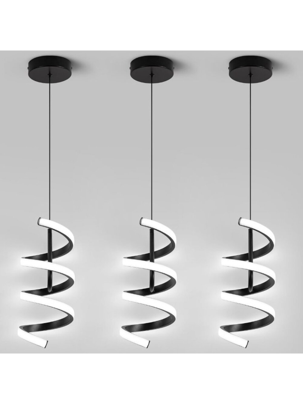 3 Pack Modern Black Spiral LED Pendant Lights - Adjustable Height for Kitchen